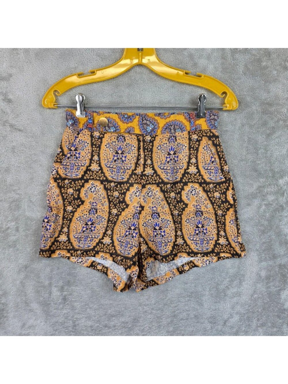 BOTEH Pietro Shorts Womens 0 Yellow Paisley Linen Chino High Rise Tailored